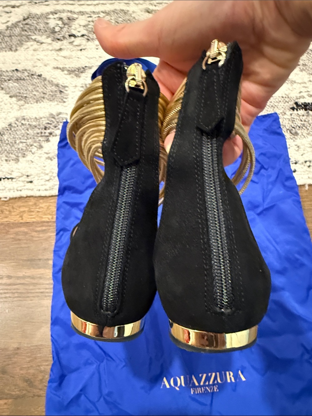 Aquazzura Black Suede Pointed Toe Flats with Gold Ankle Wraps - Picture 4 of 6